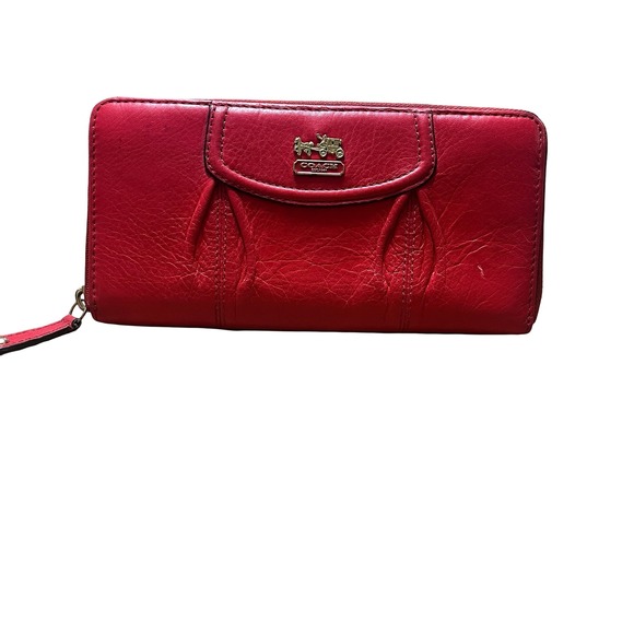 Coach Red Leather Accordion Zip Around Wallet Wristlet Horse Carriage Logo - Picture 1 of 6